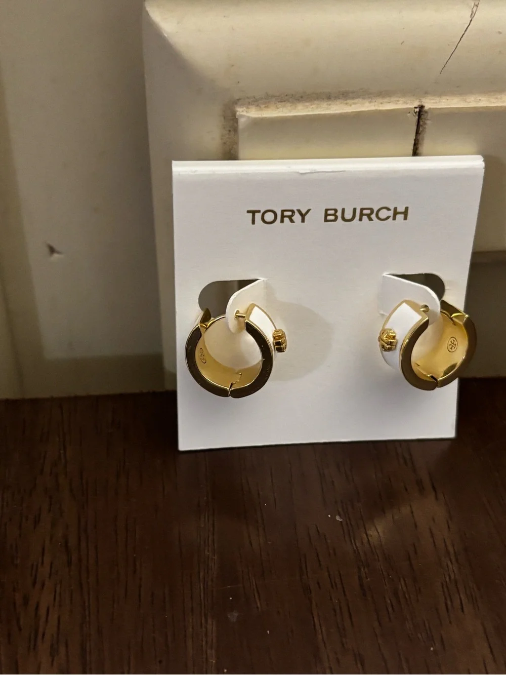 Tory Burch Shiny Gold Mini Hoop Earrings with white enamel brand new
